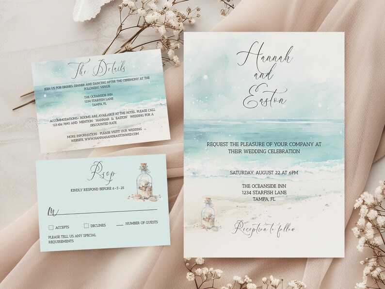 Coastal Beach Wedding Invitation Template, Editable Summer Seaside ...