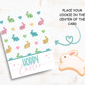 Mini carte à biscuits avec lapin de Pâques, carte à biscuits imprimable, gâteries pour panier de Pâques, emballage de biscuits lapin mignon, carte à biscuits de Pâques, lapin à paillettes