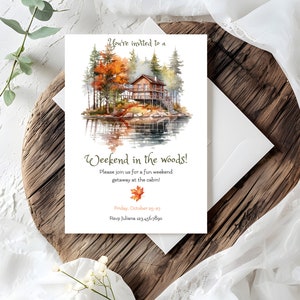 Invitación a un fin de semana en el bosque, invitación a una fiesta de fin de semana de otoño, despedida de soltero, campamento de despedida de soltera, cabaña al aire libre, fin de semana de chicas en el campamento del norte