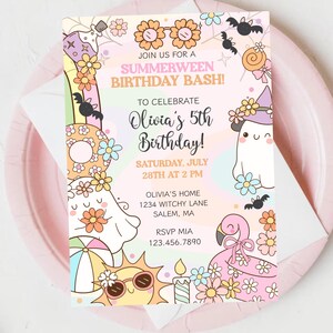 Spooky cute invitation with flamingo float, beach ball, and bats