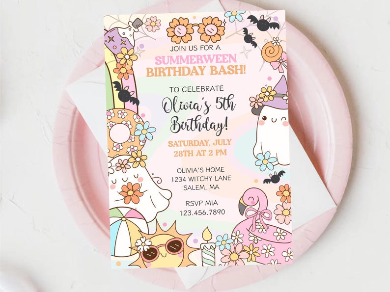 Spooky cute invitation with flamingo float, beach ball, and bats