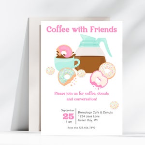 以下が含まれることがあります： 9月25日午前11時にBrewology Cafe & Donutsで開催されるコーヒーとドーナツの集まりの招待状。招待状には、コーヒーポット、コーヒーカップ、ドーナツの漫画イラストが描かれています。