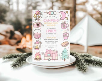 Camp Birthday Invitation, Kids Birthday Weekend, Girl Birthday Party, Outdoor Camping, Girls Glamping Invite, Kids Camping Birthday Invite