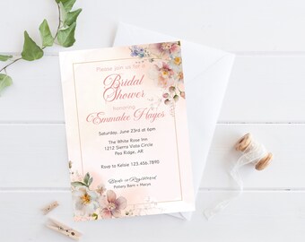 Blush and Peach Floral Bridal Shower Invite, Summer Bridal Brunch, Wildflower Bridal Shower Invite, Chic Floral Wedding shower Invitation