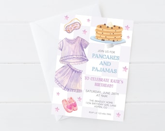 May include: An invitation card with a watercolor illustration of pancakes, pajamas, and stars. The text reads "Join us for Pancakes and Pajamas to Celebrate Katie's Birthday!" with the date, time, and location.