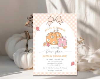 Onze kleine pompoen eerste verjaardagsuitnodiging, herfstfeest meisje, gingangpompoenfeest, bewerkbare herfstthema-uitnodiging