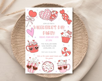 Kids Valentines Day Party Invite, Groovy Valentines Day Invitation, Classroom Party Invite, Heart Party Invitation, Editable Party Invite