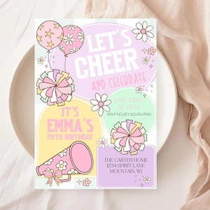 May include: A pink and yellow birthday invitation with the text "Let's Cheer and Celebrate" and "It's Emma's Fifth Birthday". The invitation features a megaphone, pom-poms, and balloons.