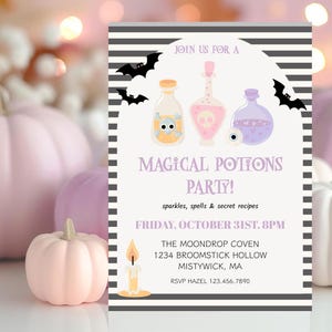 May include: A Halloween-themed invitation with a black and white striped border. The invitation features illustrations of potion bottles, bats, and a candle. The text reads "Magical Potions Party!" with event details.