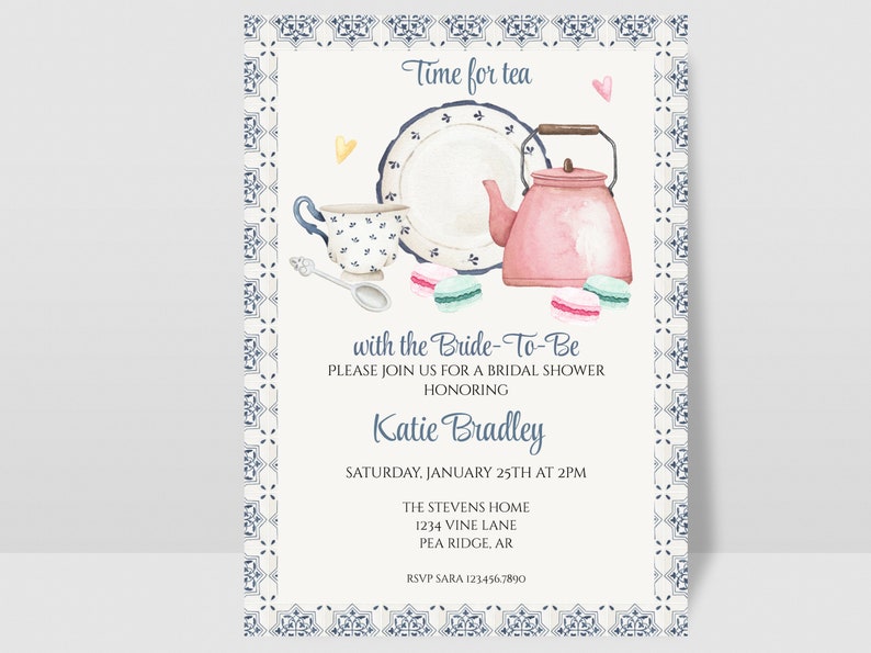 Tea Party Bridal Shower Invitation, Printable High Tea Shower Invite, Editable Tea Party ...