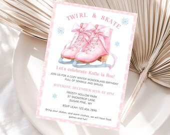 Pink Ice Skating Birthday Invitation, Winter Wonderland Party (Digital Download