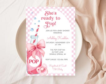 She's Ready To Pop baby Shower Invite, Soda baby Shower Invitation, Pink Soda Pop Shoppe Theme, Pink Gingham Retro Vintage Party Invitation