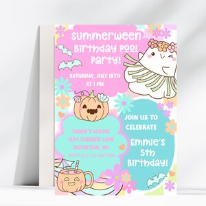 May include: A vibrant invitation for a "Summerween Birthday Pool Party!" with cartoon illustrations of a pumpkin, ghost, bats, and flowers. The invitation includes the date, time, and location of the party.