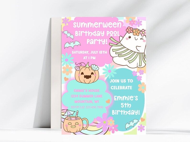 May include: A vibrant invitation for a "Summerween Birthday Pool Party!" with cartoon illustrations of a pumpkin, ghost, bats, and flowers. The invitation includes the date, time, and location of the party.