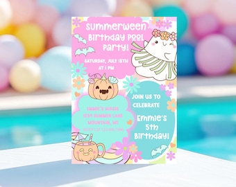Summerween Birthday Invitation, Summerween Pool Party Invite, Spooky Summer Celebration, Editable Ghost Party Invite, Summer Halloween Party