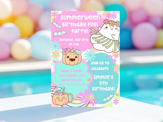Summerween Birthday Invitation, Summerween Pool Party Invite, Spooky Summer Celebration, Editable Ghost Party Invite, Summer Halloween Party