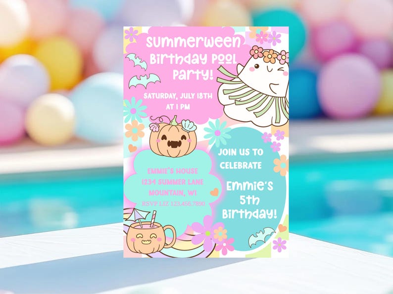 Groovy Summerween pool party invite with wavy checkered background in pink, orange, aqua, and lime