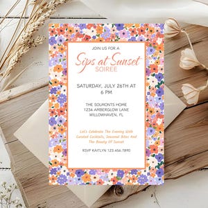 Invitation à une soirée au coucher du soleil et menu, invitation à une garden-party florale, cocktail d'été, soirée élégante, fête d'adultes d'été