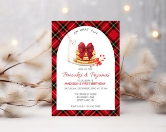 Pancakes & Pajamas Birthday Invitation, Holiday Brunch Birthday Invite, Kids Christmas Pancake And Pajamas Party, Red Plaid Xmas Birthday