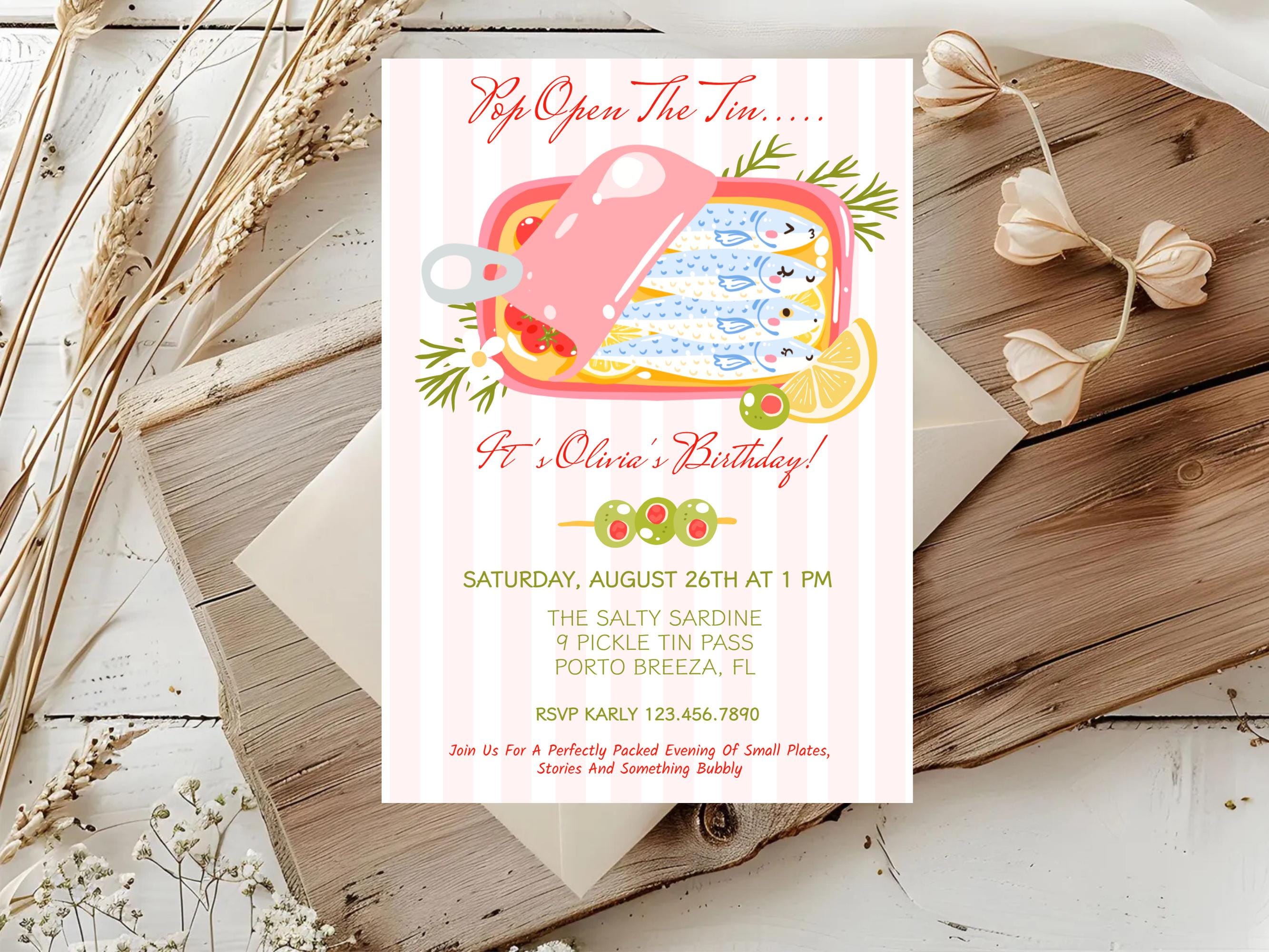 Sardine Birthday Invitation: Retro Dinner Party Invite (digital