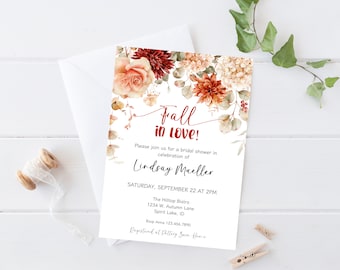 Fall In Love Bridal Shower Invitation, Autumn Bridal Party Invites, Fall Floral Wedding Shower Invitation, Rustic Wedding Shower Invitation