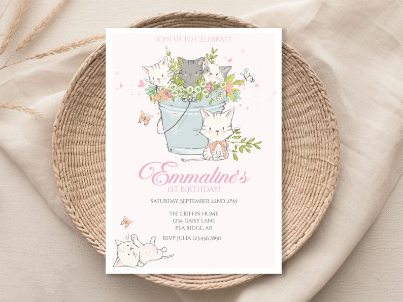 kitty first birthday party invitation