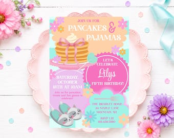 Inbjudan till pannkakor och pyjamasfödelsedagsfest, inbjudan till tjejfrukostfödelsedagsfest, inbjudan till blommig brunch med pyjamasparty, barnpyjamasfest