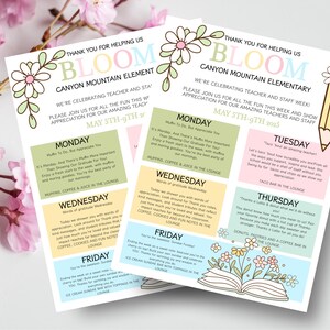 Puede incluir: Un folleto de programación para la semana de agradecimiento al personal docente titulado BLOOM para Canyon Mountain Elementary, fechado del 5 al 9 de mayo de 2025. Incluye un calendario semanal con temas diarios, flores y un lápiz.
