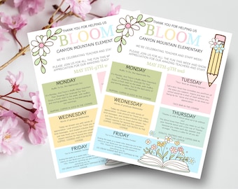 Editable Teacher & Staff Appreciation Itinerary Flyer, Teacher Staff Appreciation Week Floral Flyer, Bloom Itinerary Teacher Appreciation