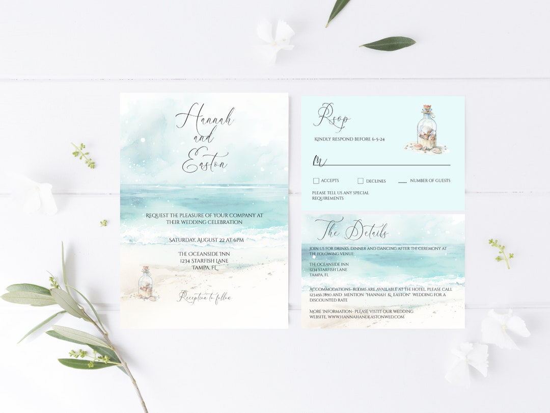 Coastal Beach Wedding Invitation Template, Editable Summer Seaside ...