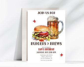 Burgers & Brews Birthday Party Invite, Editable Burgers and Brew Party Invitation, Grill And Chill Birthday Party, Birthday Invite Beer