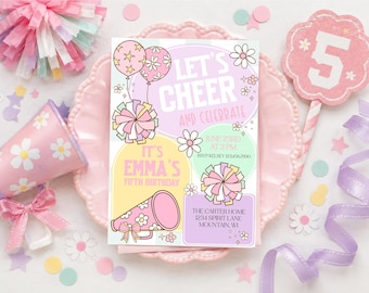 May include: A rectangular birthday invitation card featuring pastel colors and cheerleading graphics. The text reads: LET'S CHEER AND CELEBRATE, IT'S EMMA'S FIFTH BIRTHDAY, JUNE 23RD AT 2 PM, RSVP KELSEY 1234567890, THE CARTER HOME 1234 SPIRIT LANE MOUNTAIN, WI.