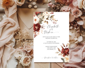 Rustic Autumn Floral Wedding Invitation, Fall Colors Wedding Invite, Autumn Wedding Set, Autumn Wedding Invitation, Bohemian Autumn Wedding