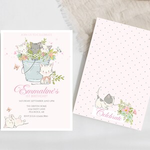 pink first birthday invite with cute kittens