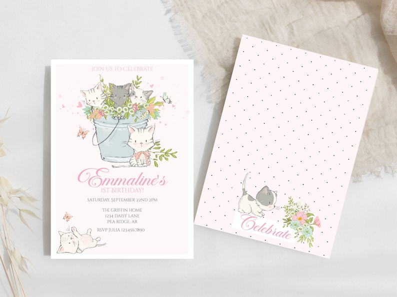 pink first birthday invite with cute kittens