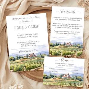 Von Weinbergen inspirierte Hochzeitseinladung, Hochzeitseinladung zum Thema Weingut, Weinland-Hochzeits-Set-Vorlage, rustikale Hochzeitseinladung