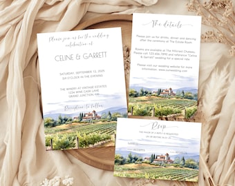 Vineyard Inspired Wedding Invitation Suite, Vineyard Theme Wedding, Wine Country Wedding Set Template, Rustic Vineyard Wedding Invitation