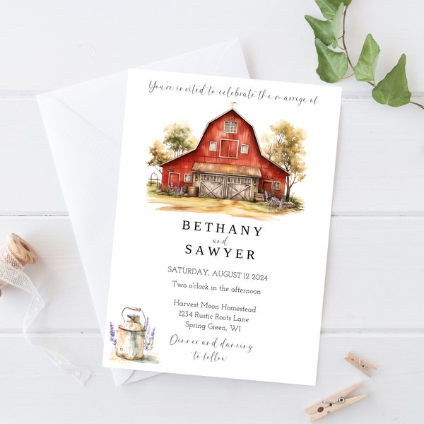 Rustic Barn Wedding Invitation, Editable Farm Wedding Invite, Printable Rustic Red Barn Wedding, Homestead Wedding Invite, Country Wedding