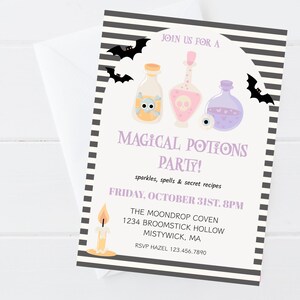 May include: A Halloween-themed invitation with a white background and black and white striped border. The invitation features illustrations of potion bottles, bats, and a candle. Text includes "Magical Potions Party!" and event details.