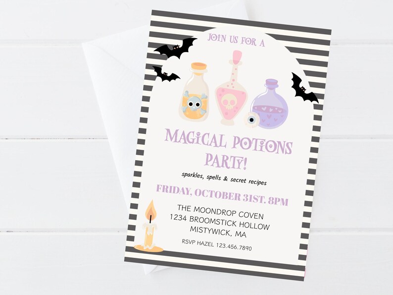 May include: A Halloween-themed invitation with a white background and black and white striped border. The invitation features illustrations of potion bottles, bats, and a candle. Text includes "Magical Potions Party!" and event details.