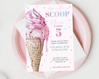 Ice Cream Birthday Invitation: Here's the Scoop, Pink Party (Digital Download 5x7 Template)