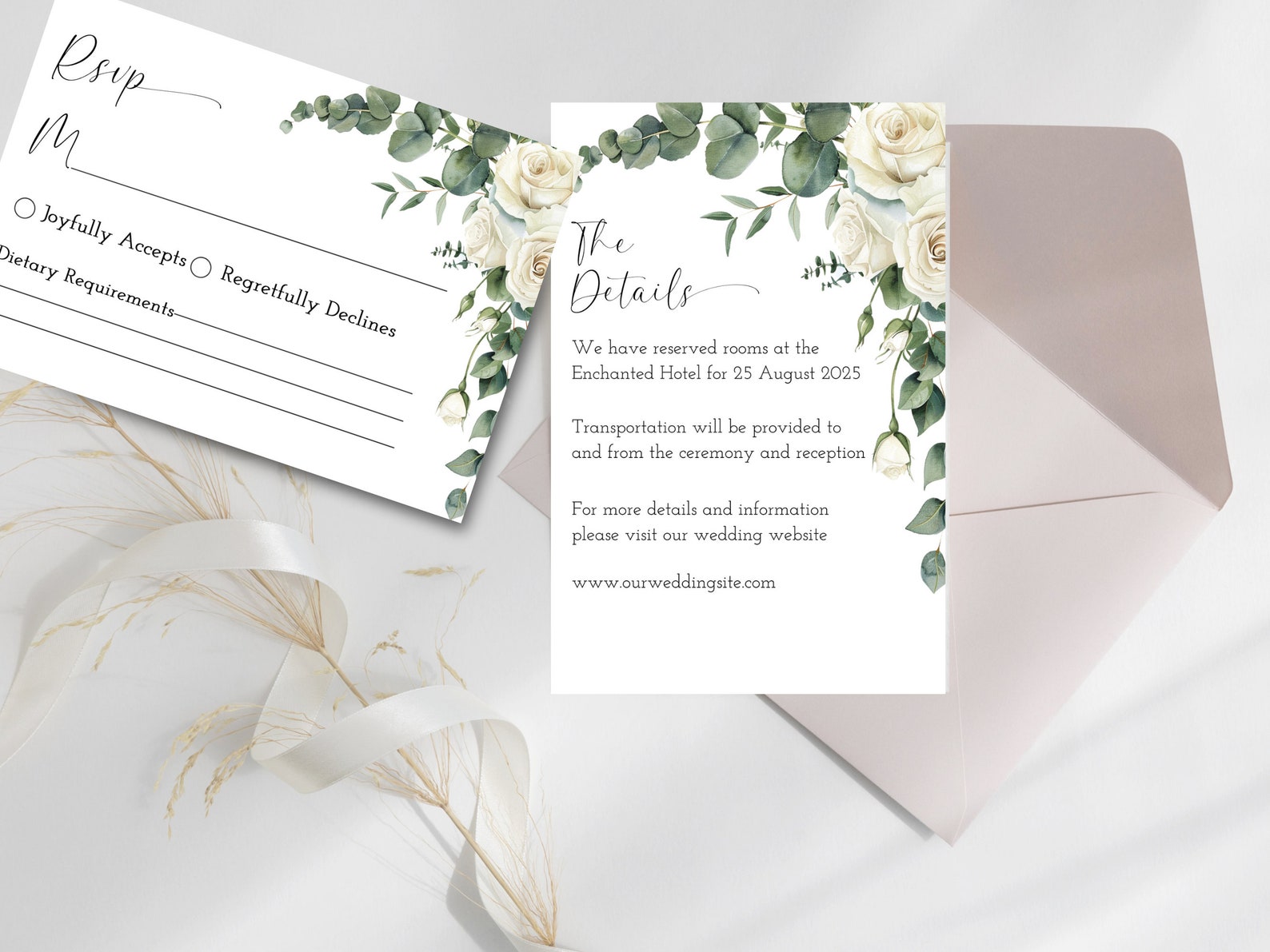 White Roses Wedding Invitation, Elegant Roses Wedding Suite, White Rose ...