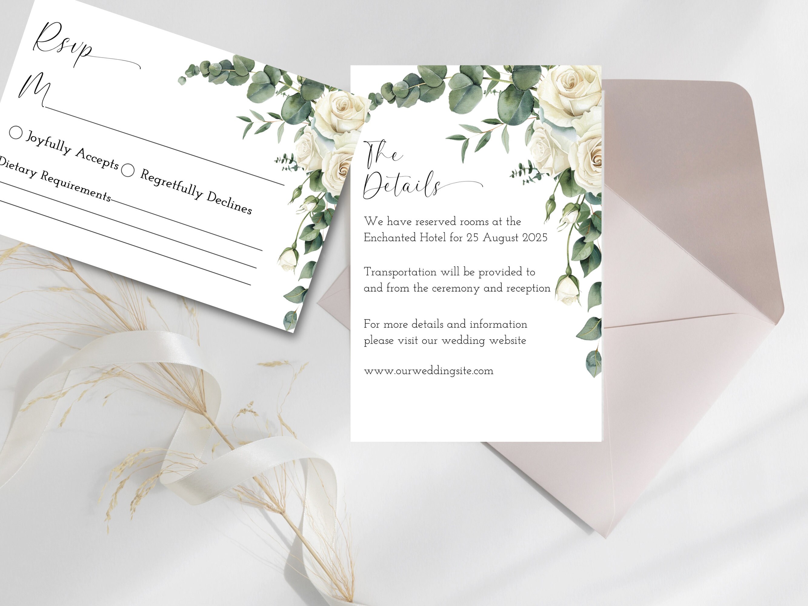 White Roses Wedding Invitation, Elegant Roses Wedding Suite, White Rose ...