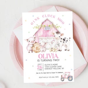 Pink Farm Birthday Invitation, Girl Barnyard Birthday Party, Farm Animals Birthday Invite, Pink Farm Girl Birthday Invite, Barnyard Bash