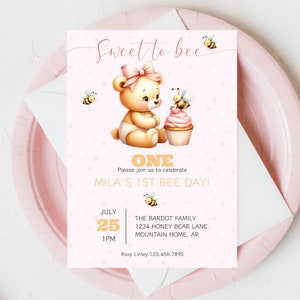First Bee Day Invitation, Sweet To Bee Theme 1st Birthday Invite, Cute Bee & Bear Birthday, Baby's First Birthday Invitation Template