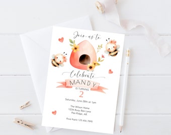 Little Bee Birthday Invitation, Printable Bee Birthday Invitation, Editable Honey Bee Birthday Invite, Sweet Girl Bee Birthday Invitation