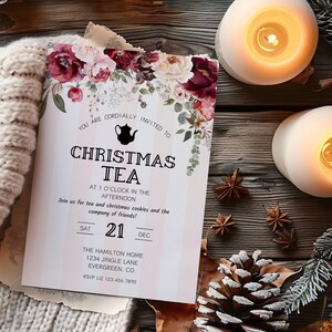 May include: A Christmas tea party invitation with a floral design and a teapot silhouette. The invitation includes the date, time, and location of the event. RSVP information is also included.
