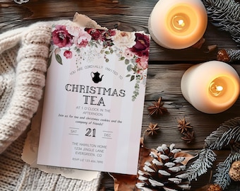 Christmas Tea Party Invitation, Holiday Tea Party Invitation, Pink Christmas Party Invitation, Holiday Celebration Invite, Christmas Brunch