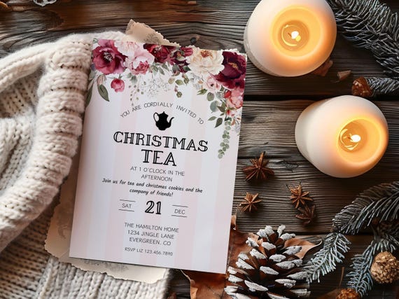 Floral Christmas Tea Party Invitation, Pink Holiday Brunch (Digital Download)