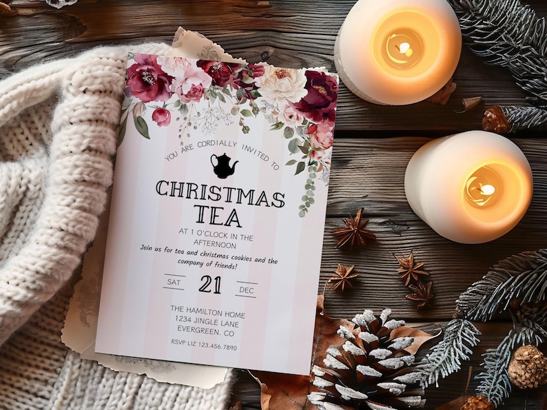 May include: A Christmas tea party invitation with a floral design and a teapot silhouette. The invitation includes the date, time, and location of the event. RSVP information is also included.
